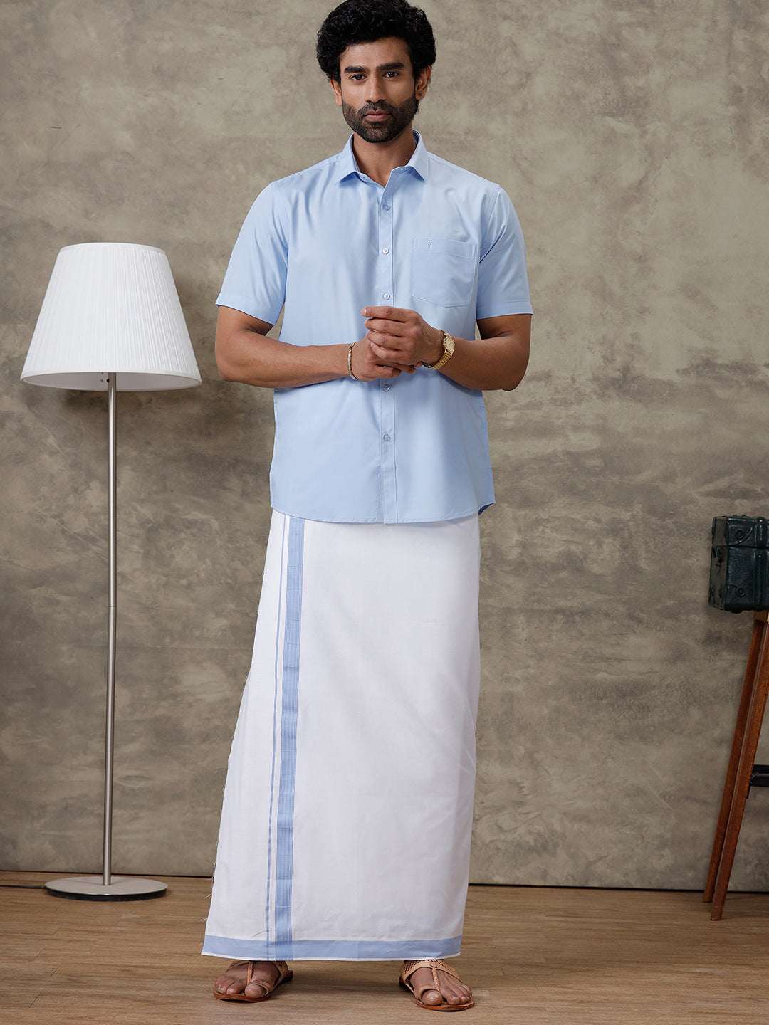 Men Perand Blue Shirt With Matching Border Dhoti Set Trendy