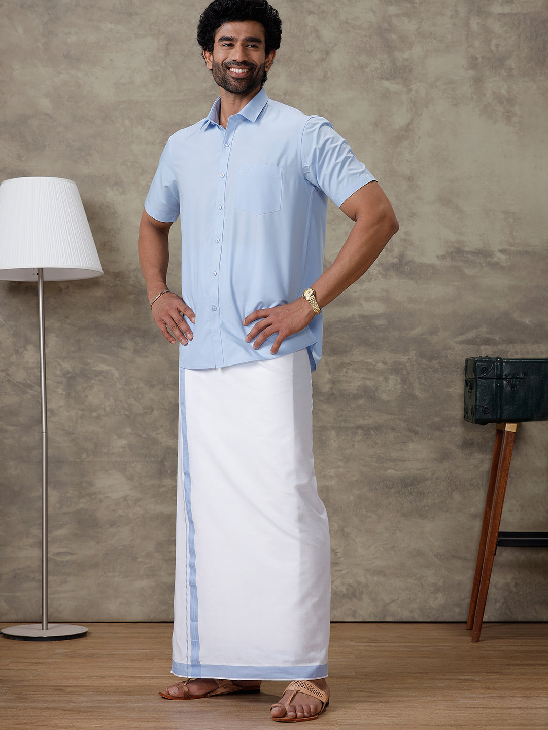 Men Perand Blue Shirt With Matching Border Dhoti Set Trendy