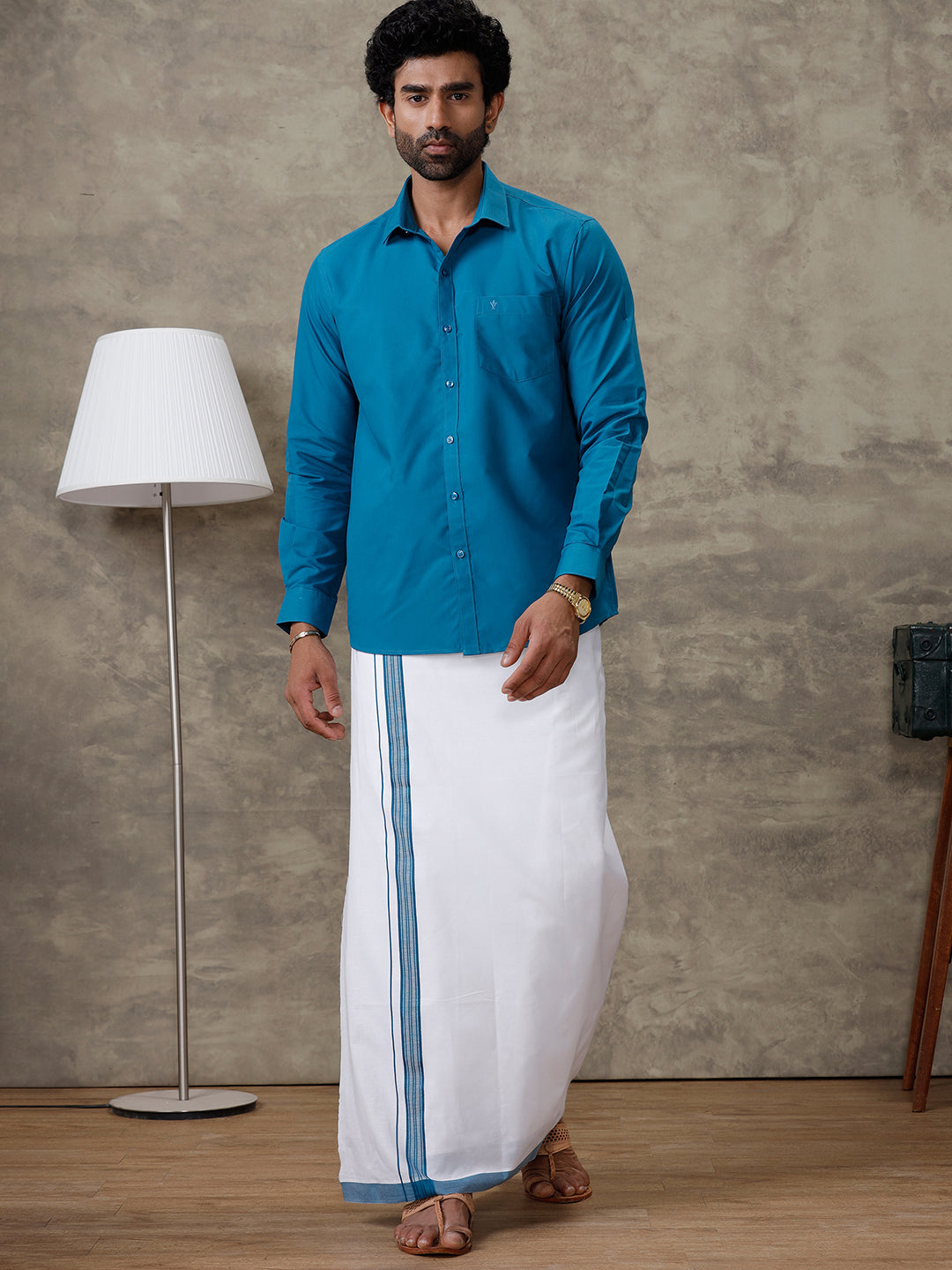 Men Jelly Blue Shirt With Matching Border Dhoti Set Trendy