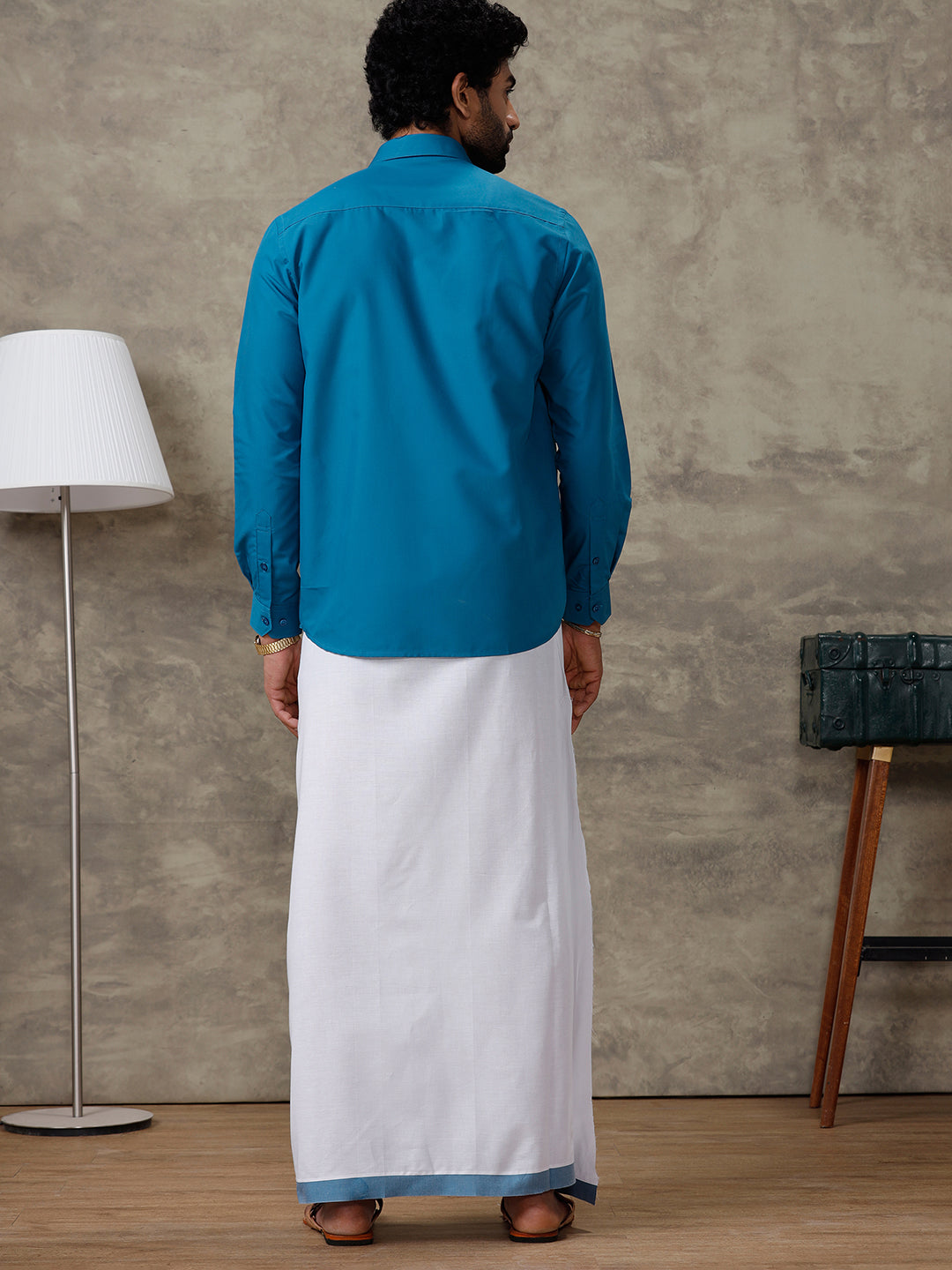 Men Jelly Blue Shirt With Matching Border Dhoti Set Trendy