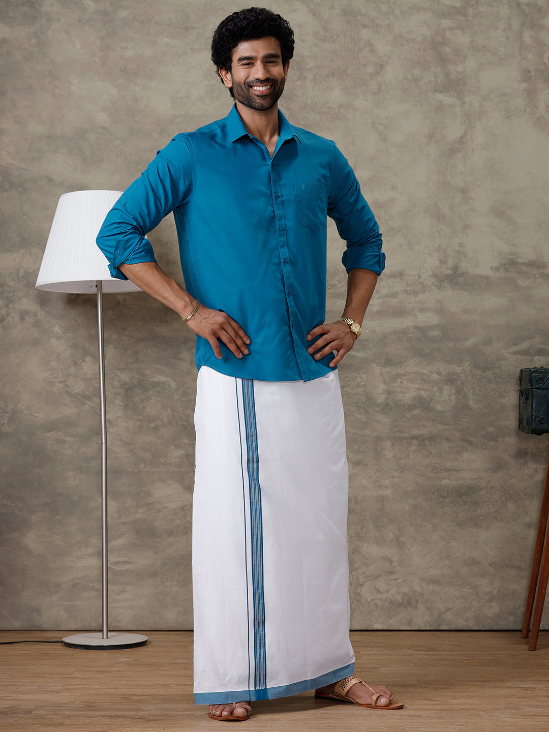 Men Jelly Blue Shirt With Matching Border Dhoti Set Trendy