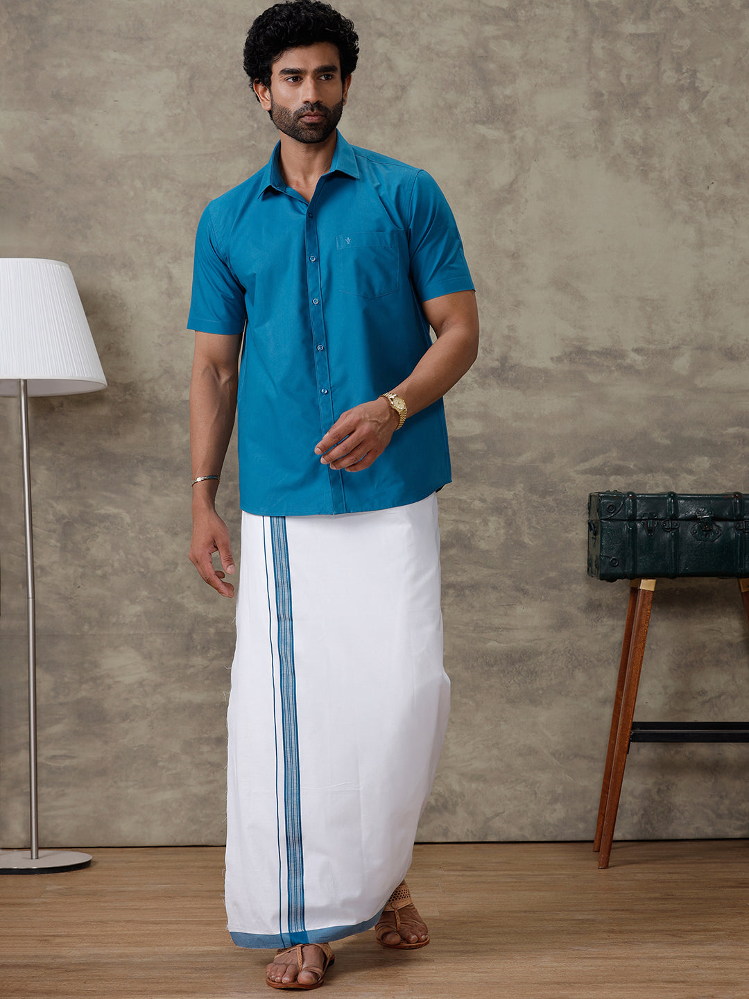 Men Jelly Blue Shirt With Matching Border Dhoti Set Trendy