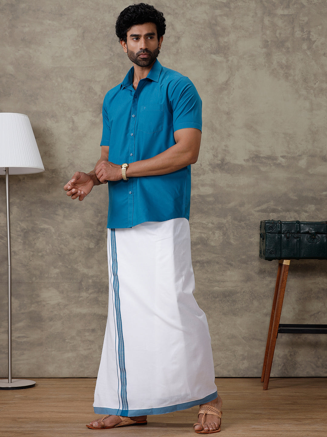 Men Jelly Blue Shirt With Matching Border Dhoti Set Trendy