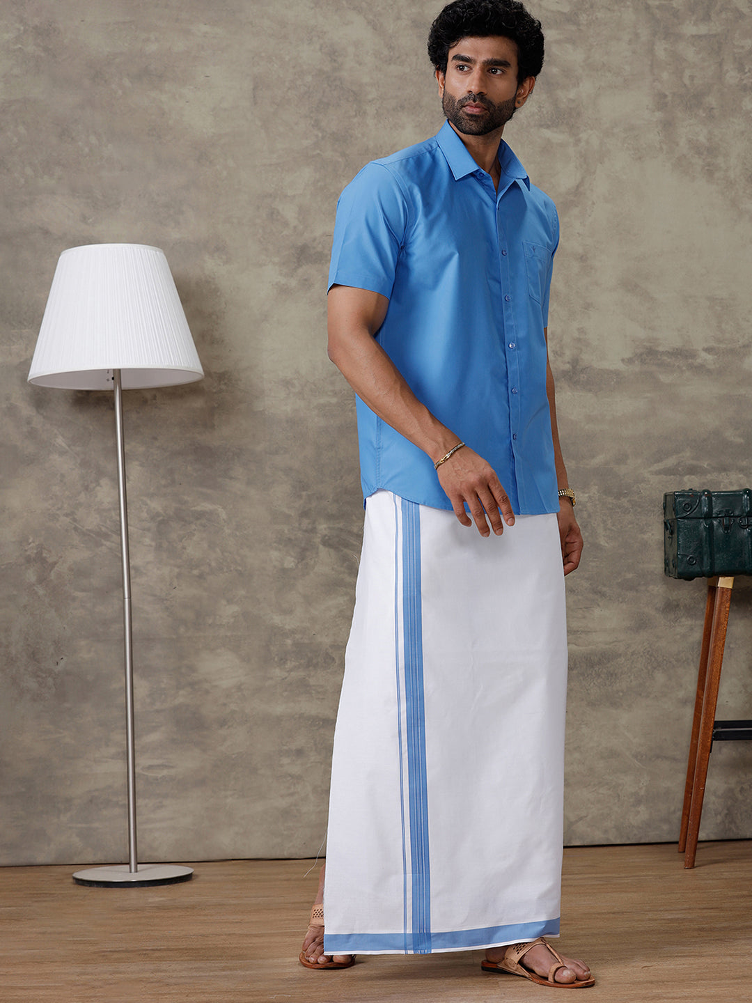 Men Jordy Blue Shirt With Matching Border Dhoti Set Trendy