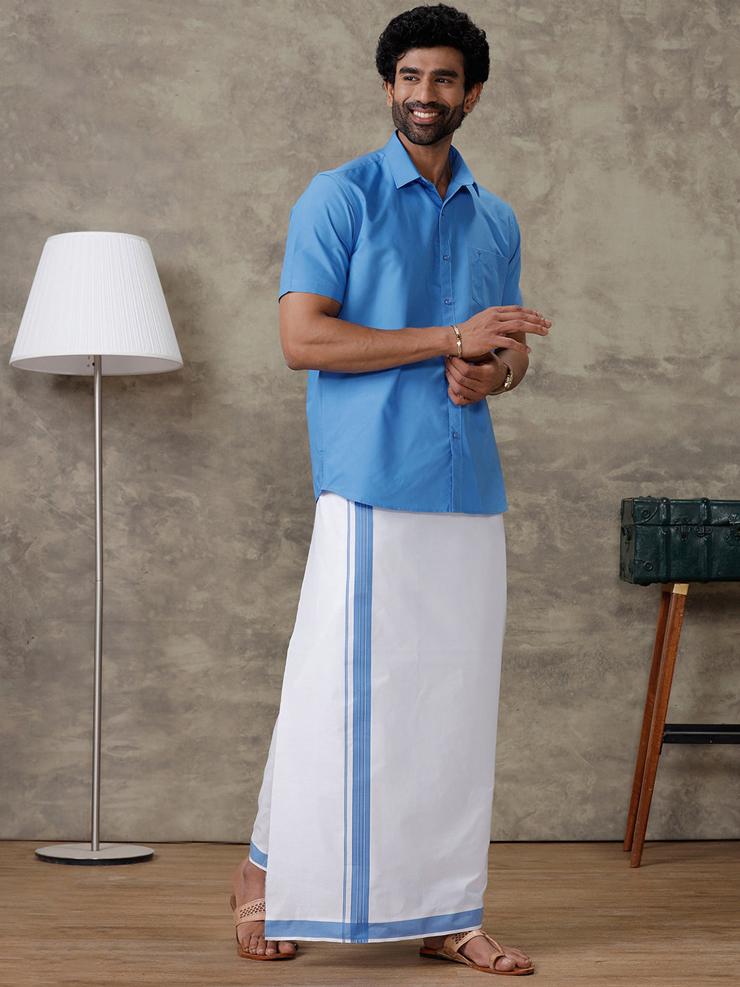 Men Jordy Blue Shirt With Matching Border Dhoti Set Trendy