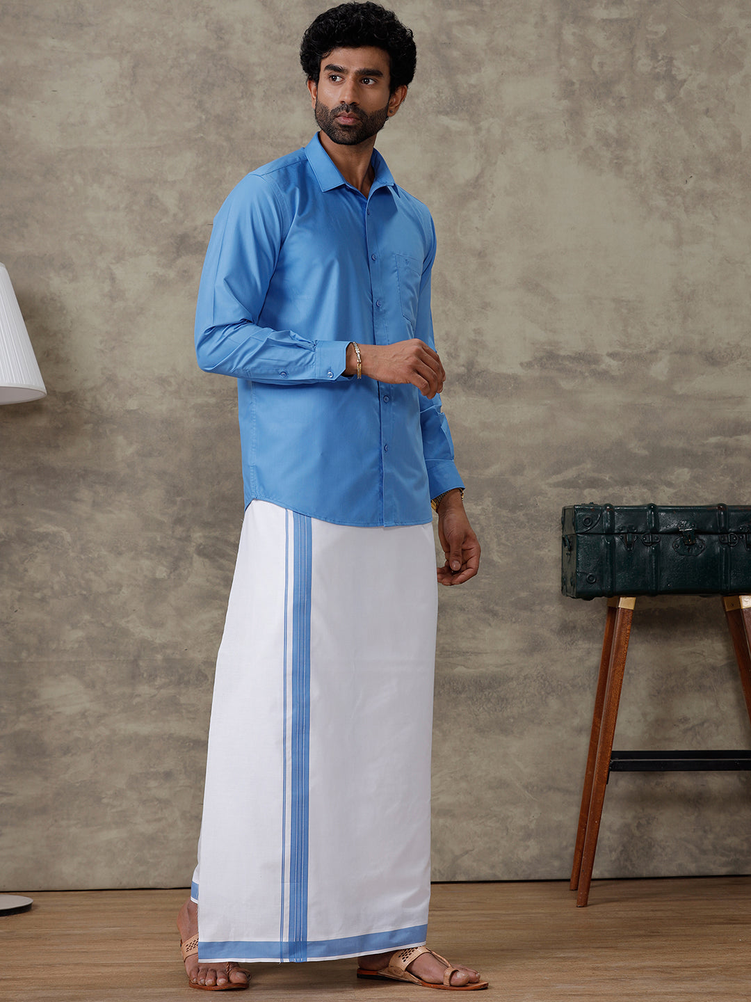 Men Jordy Blue Shirt With Matching Border Dhoti Set Trendy