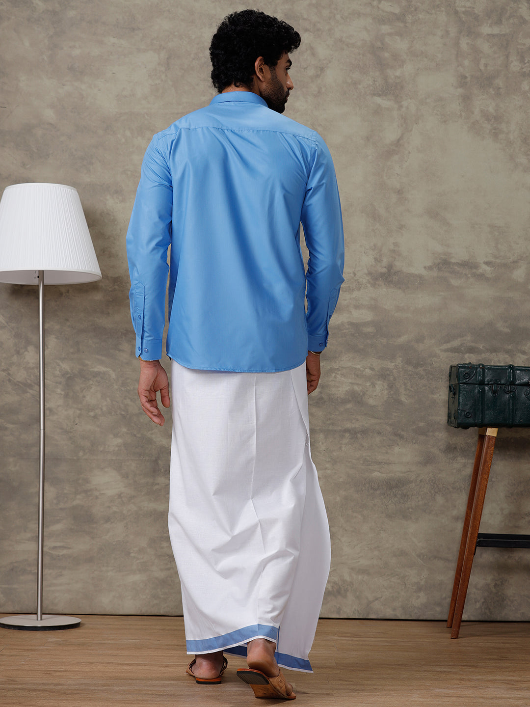 Men Jordy Blue Shirt With Matching Border Dhoti Set Trendy