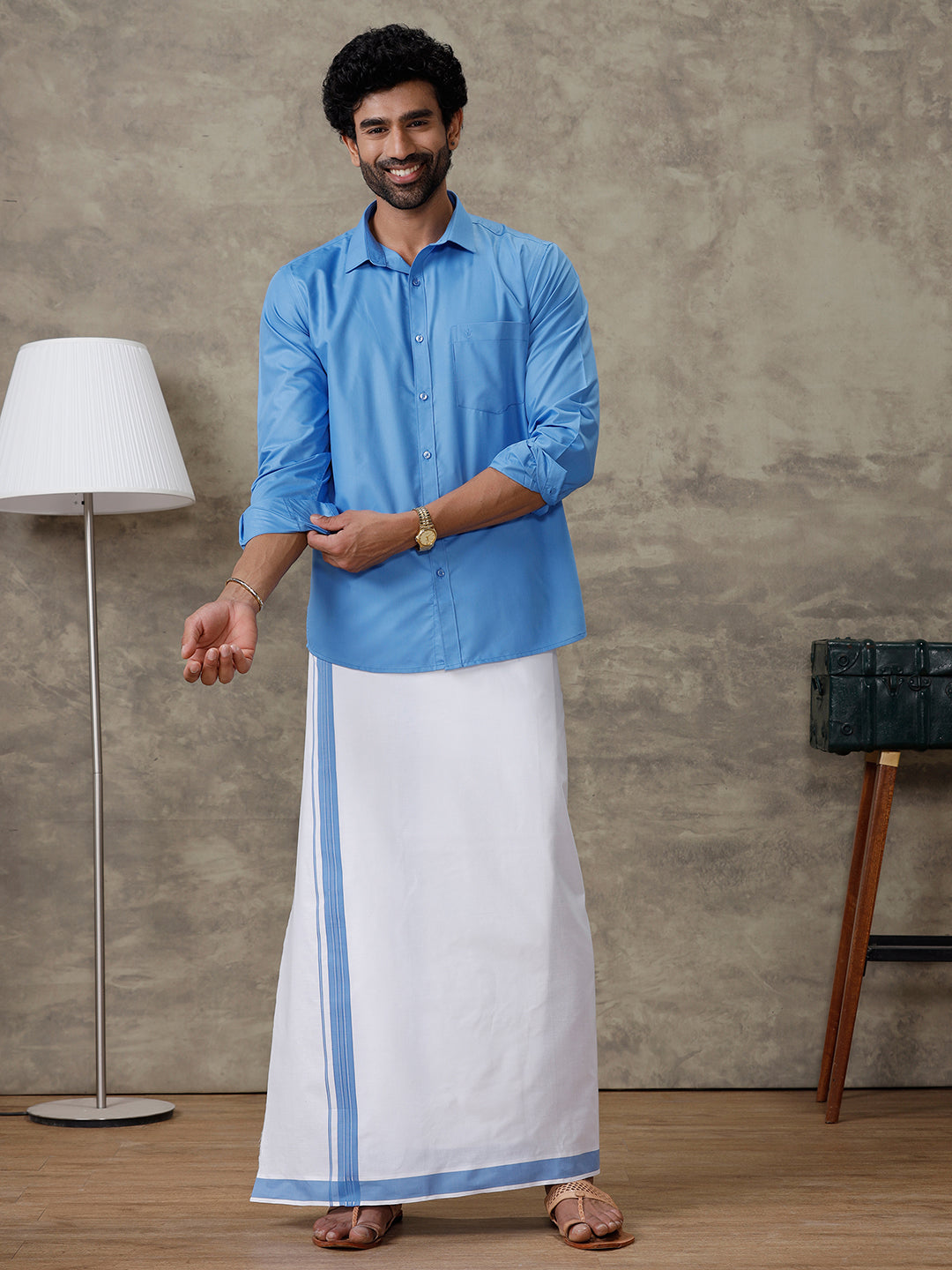 Men Jordy Blue Shirt With Matching Border Dhoti Set Trendy