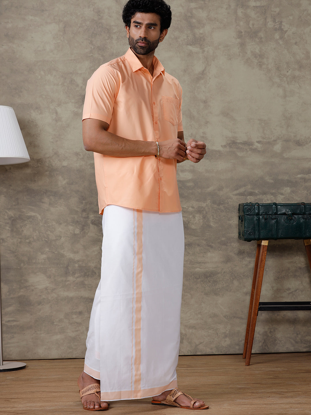 Men Peach Shirt With Matching Border Dhoti Set Trendy