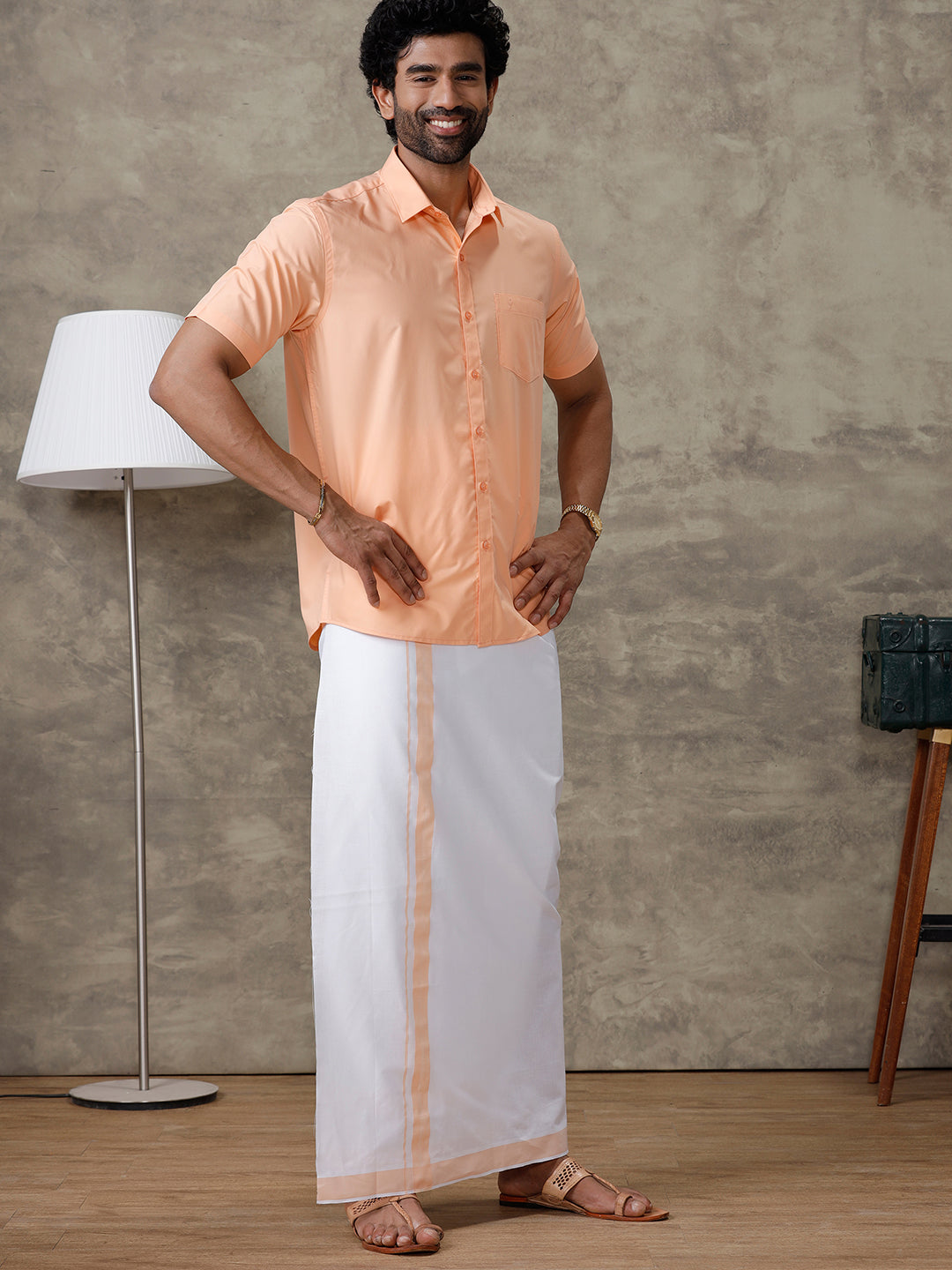 Men Peach Shirt With Matching Border Dhoti Set Trendy