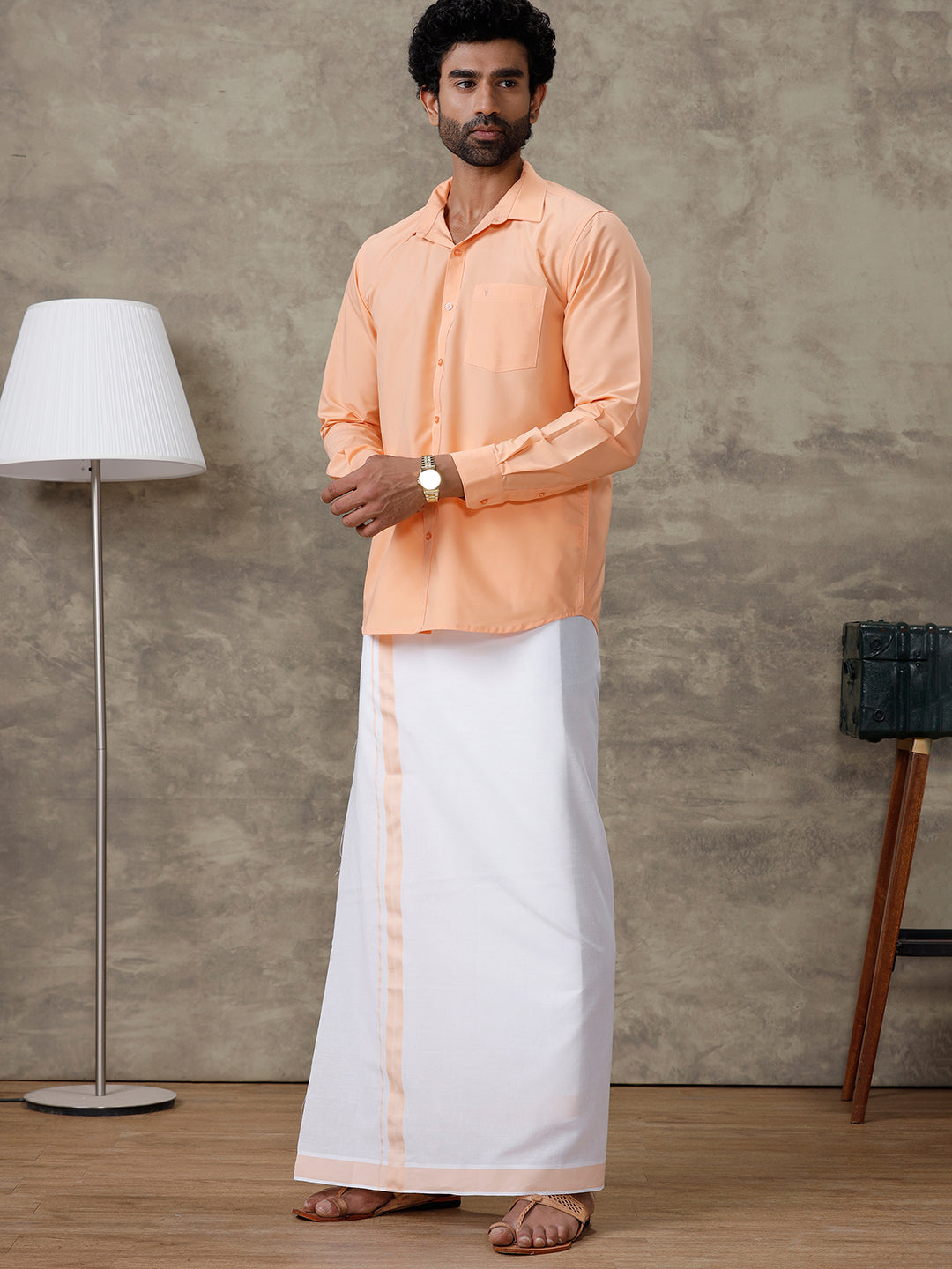 Men Peach Shirt With Matching Border Dhoti Set Trendy