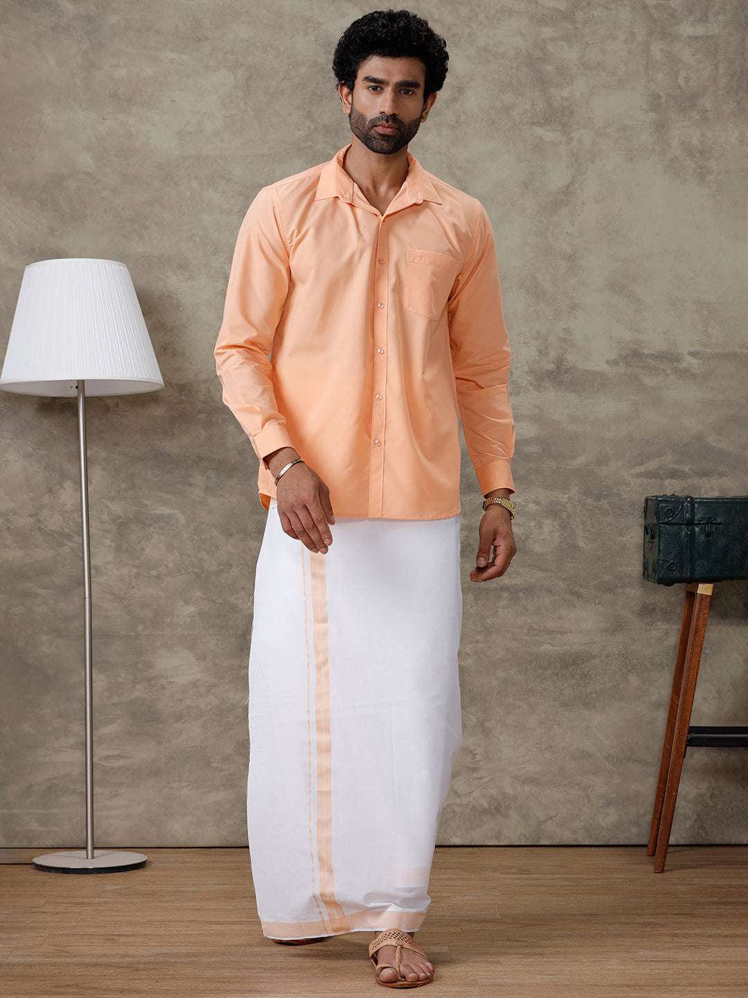 Men Peach Shirt With Matching Border Dhoti Set Trendy