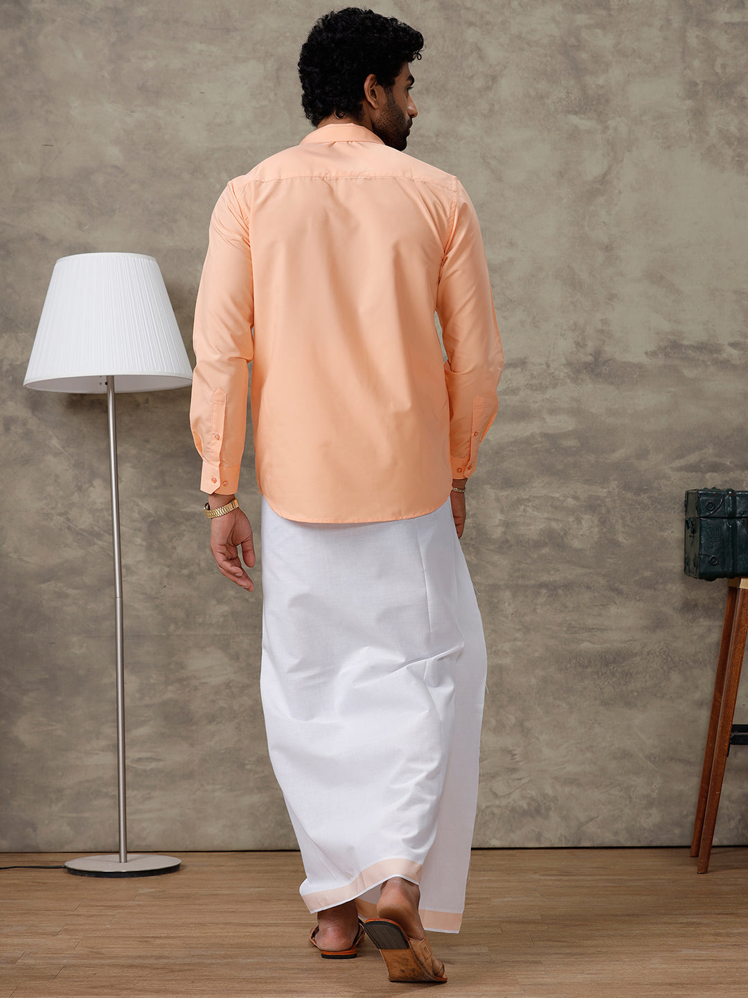 Men Peach Shirt With Matching Border Dhoti Set Trendy