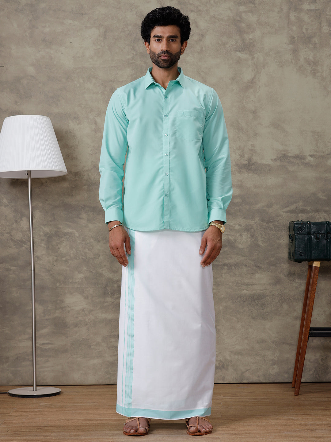 Men Fountain Blue Shirt With Matching Border Dhoti Set Trendy