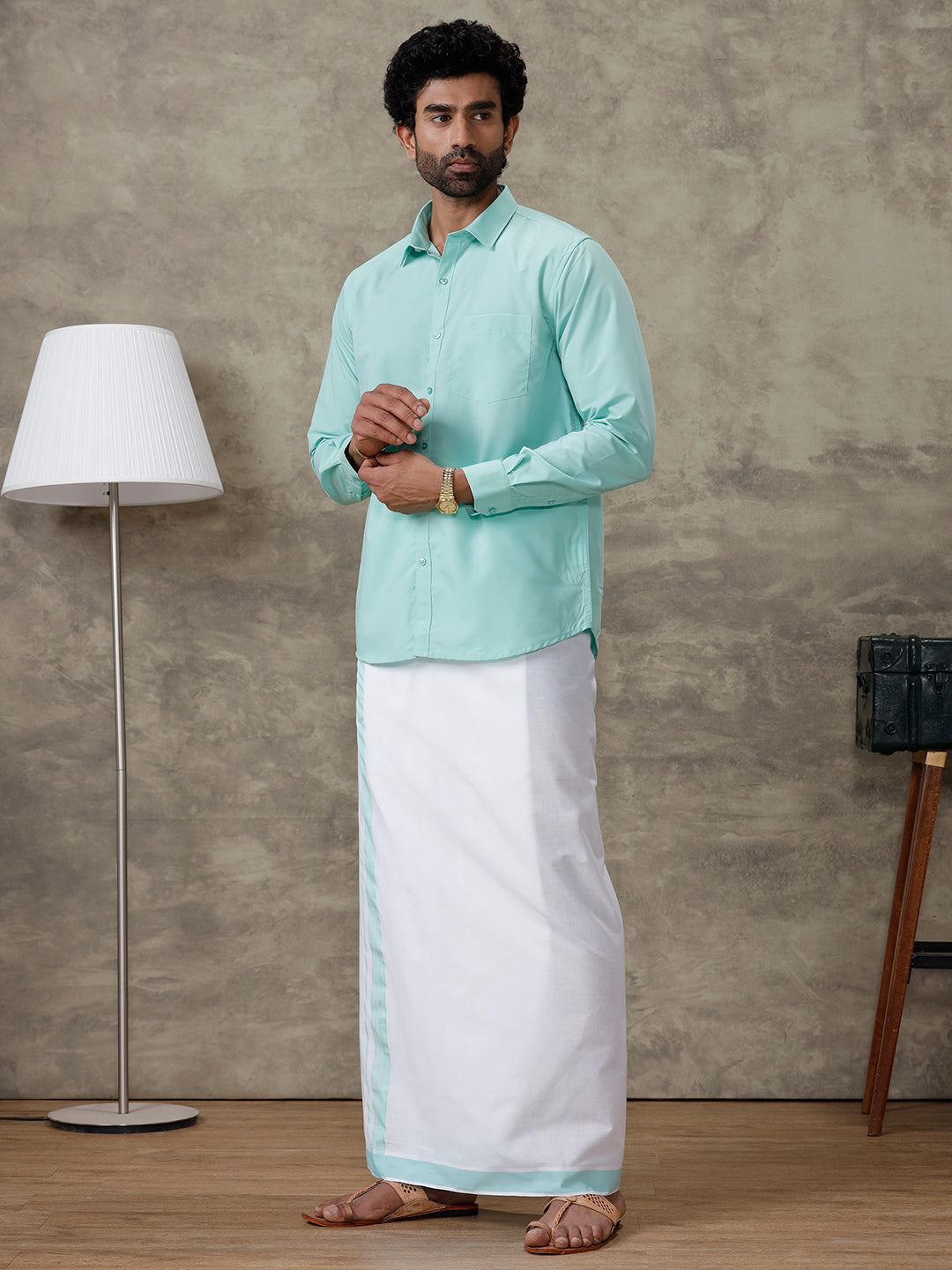 Men Fountain Blue Shirt With Matching Border Dhoti Set Trendy