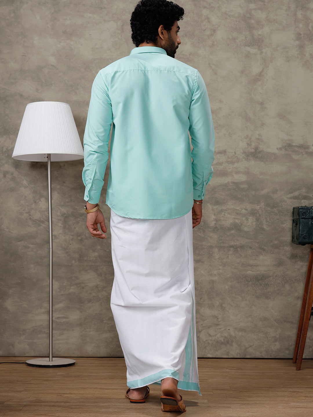 Men Fountain Blue Shirt With Matching Border Dhoti Set Trendy