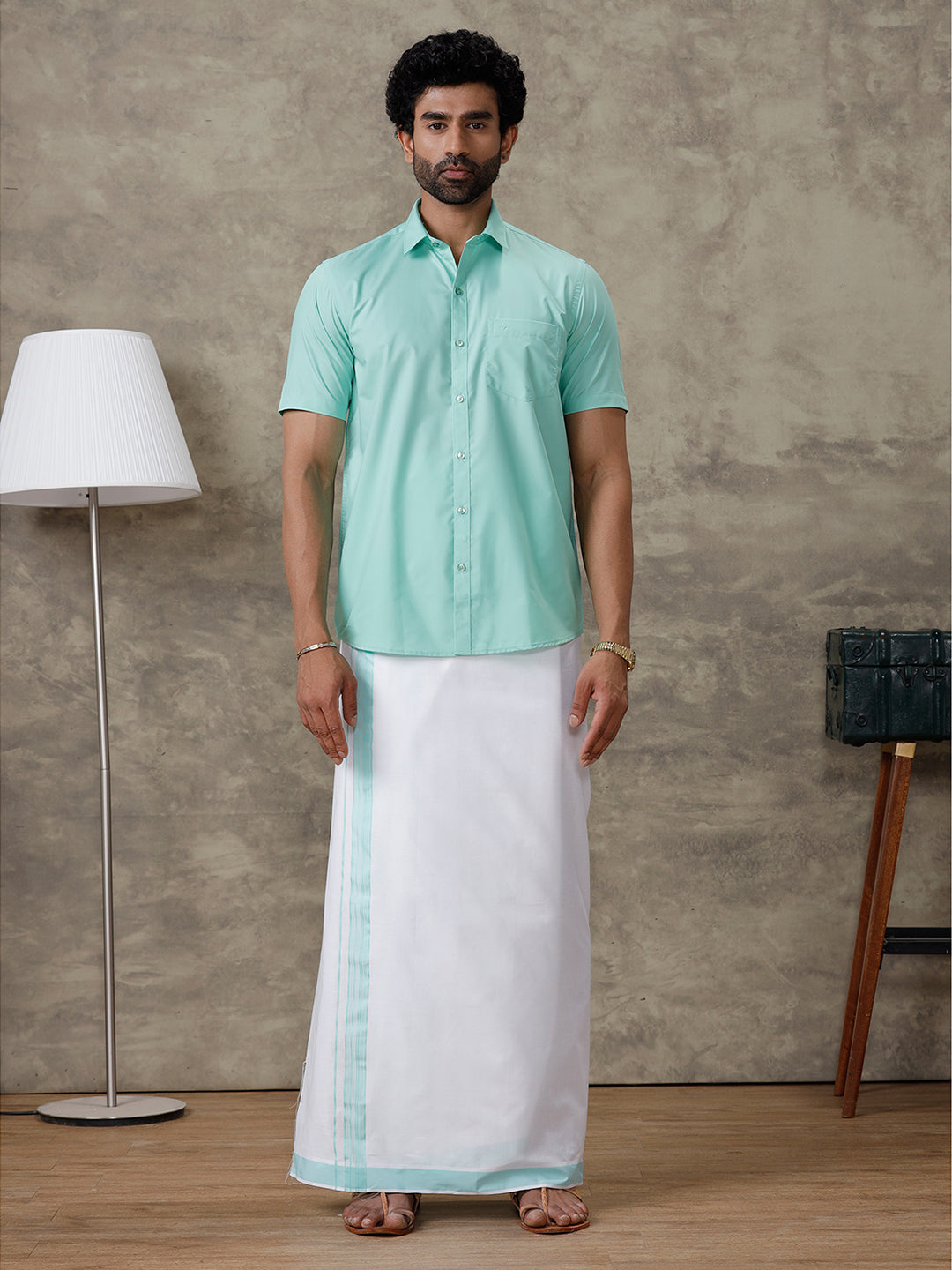 Men Fountain Blue Shirt With Matching Border Dhoti Set Trendy