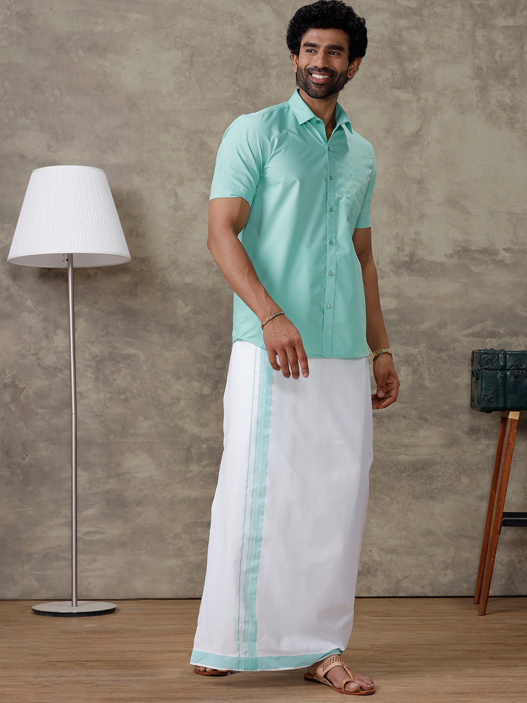 Men Fountain Blue Shirt With Matching Border Dhoti Set Trendy