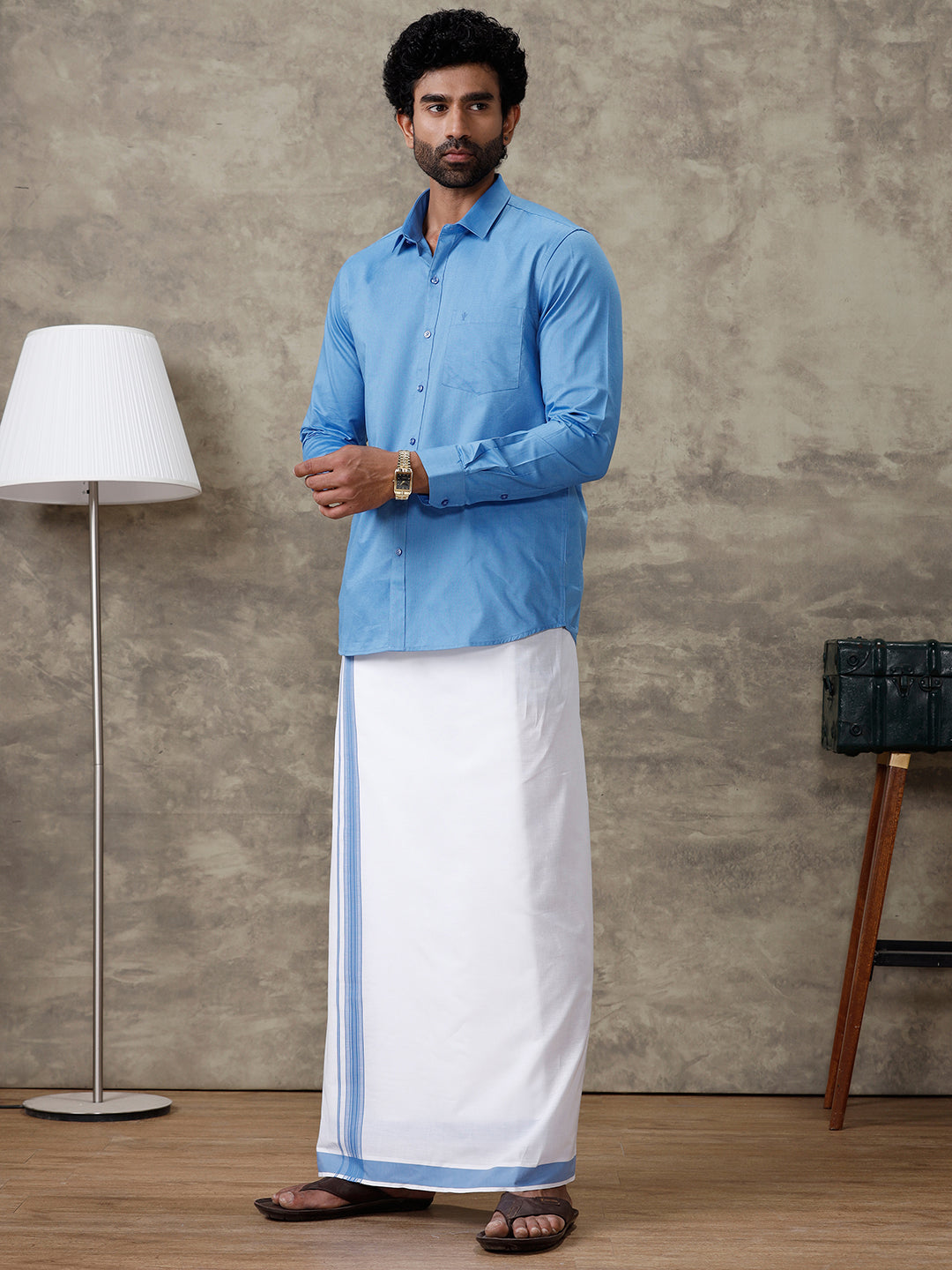 Men Blue Shirt With Matching Border Dhoti Set Evolution