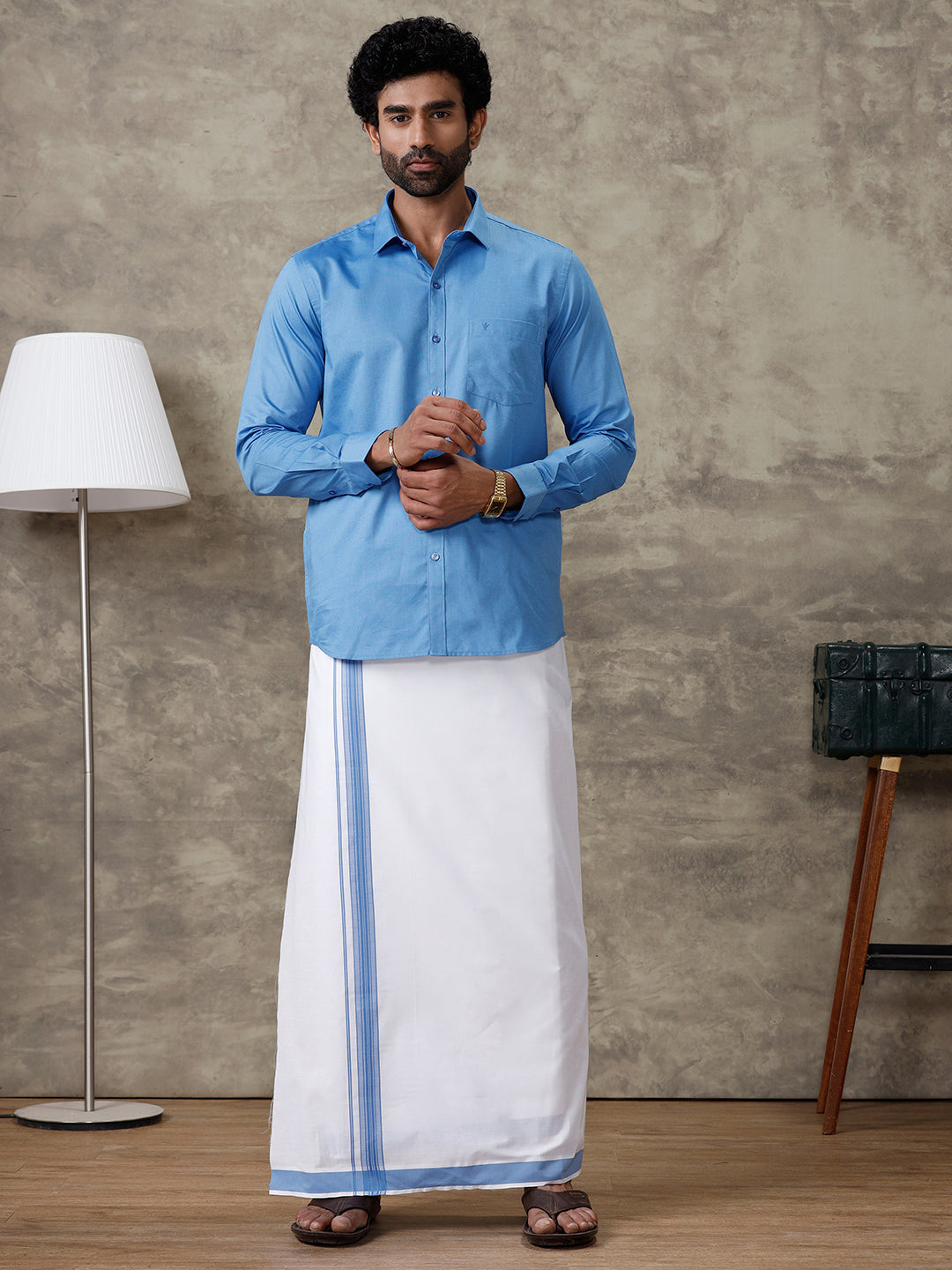 Men Blue Shirt With Matching Border Dhoti Set Evolution