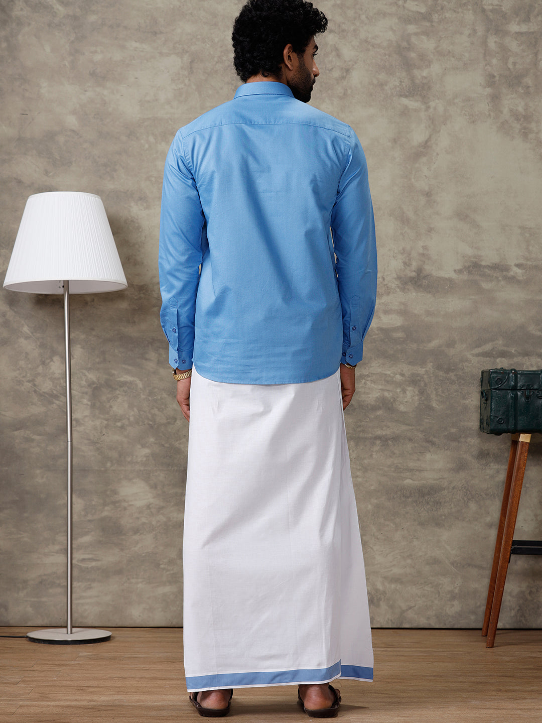 Men Blue Shirt With Matching Border Dhoti Set Evolution