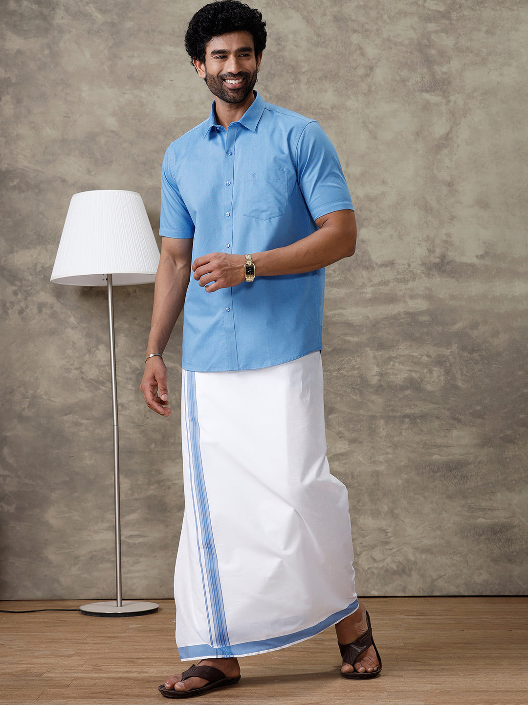 Men Blue Shirt With Matching Border Dhoti Set Evolution