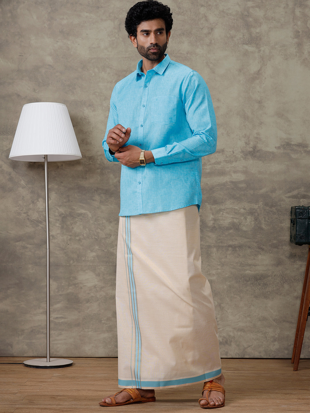 Men Macho Blue Shirt & Matching Border Tissue Dhoti Set CCB