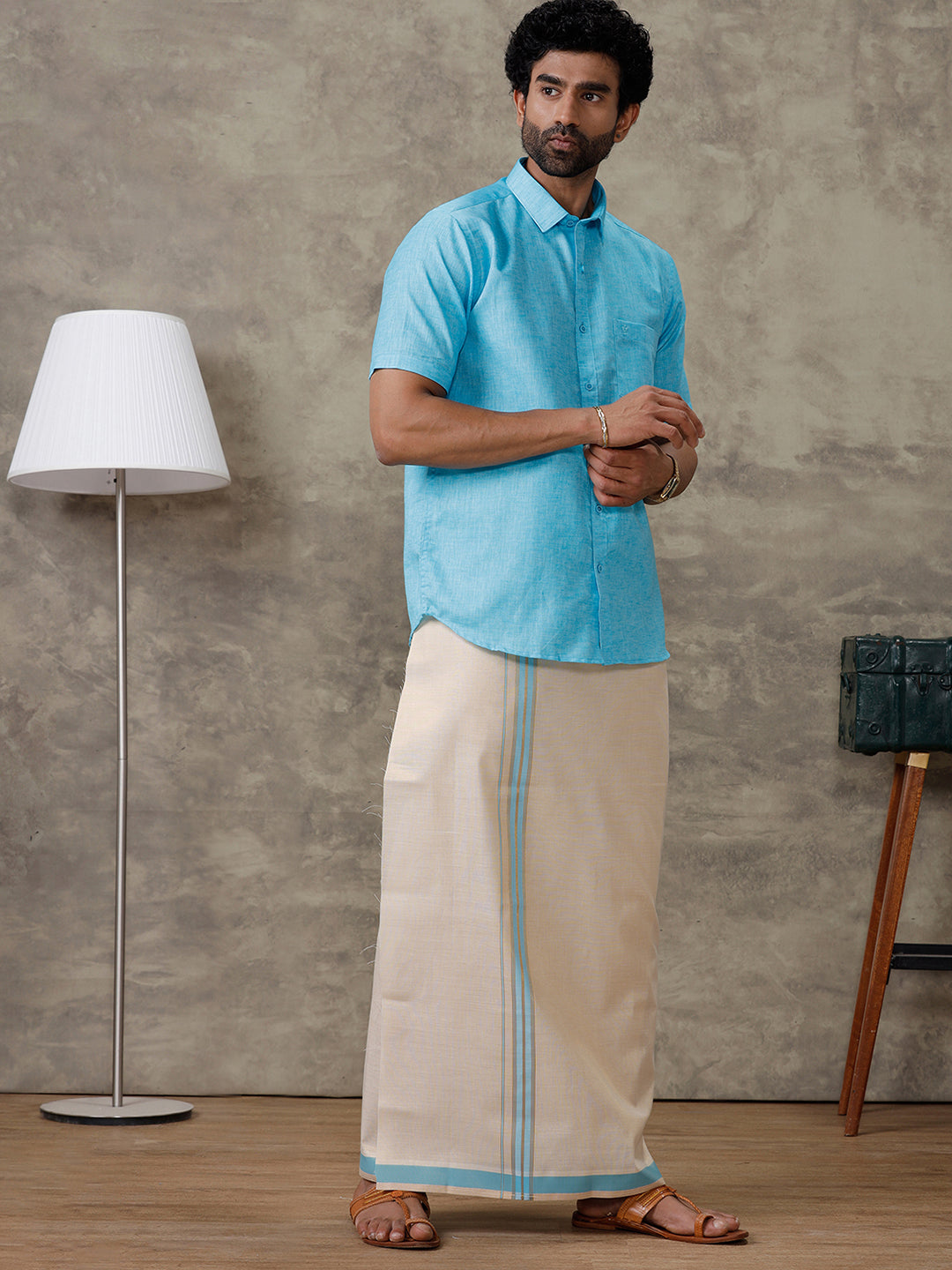 Men Macho Blue Shirt & Matching Border Tissue Dhoti Set CCB