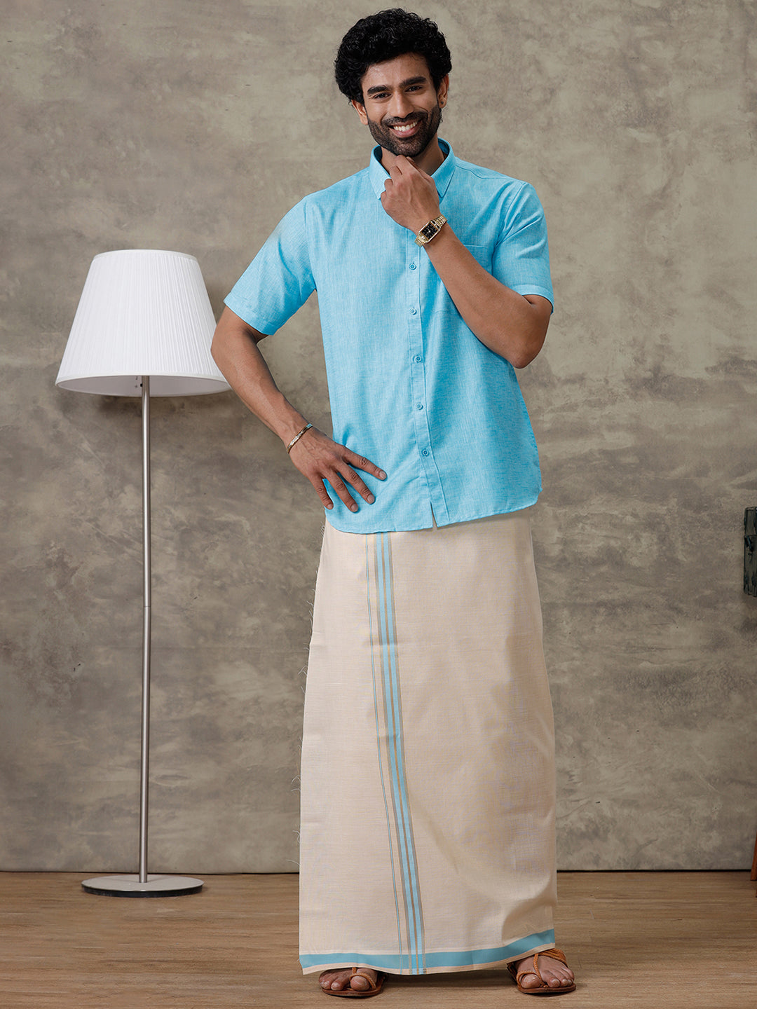 Men Macho Blue Shirt & Matching Border Tissue Dhoti Set CCB