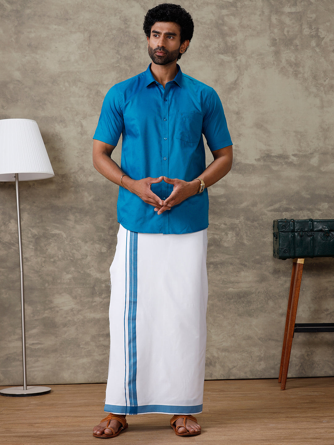 Men Bondi Blue Shirt With Matching Border Dhoti Set Evolution