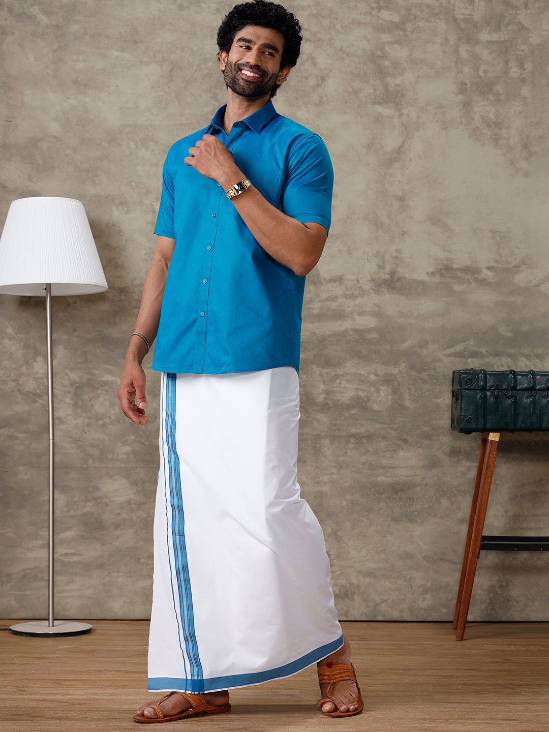 Men Bondi Blue Shirt With Matching Border Dhoti Set Evolution