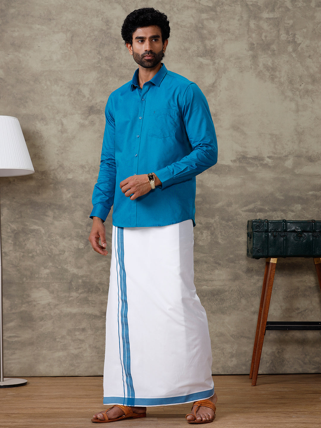 Men Bondi Blue Shirt With Matching Border Dhoti Set Evolution