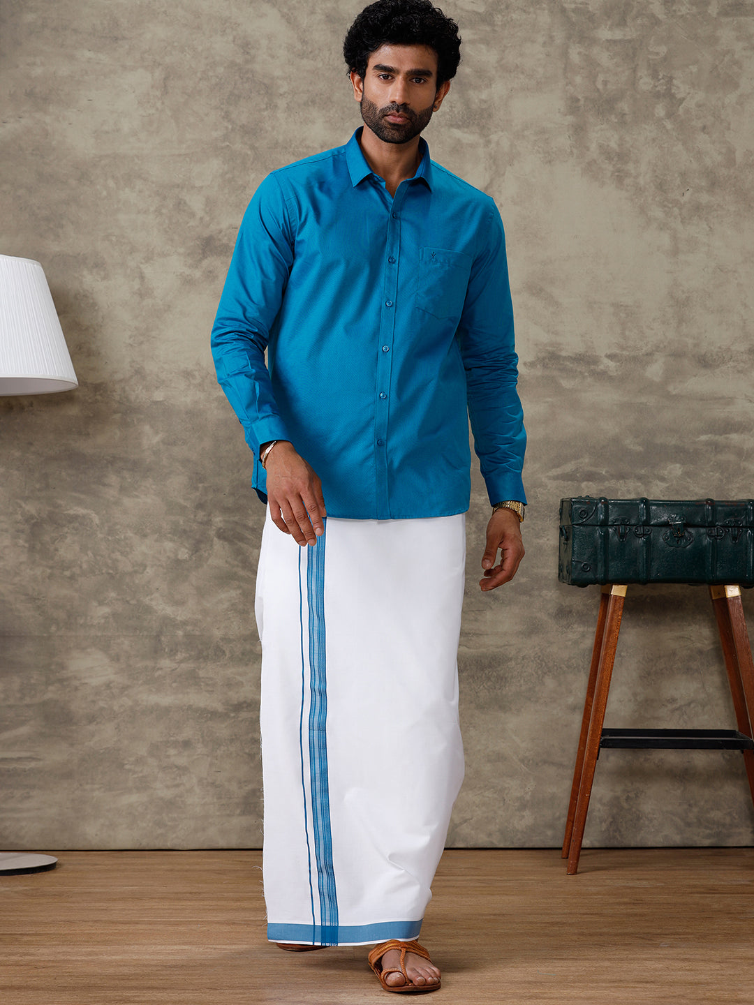 Men Bondi Blue Shirt With Matching Border Dhoti Set Evolution