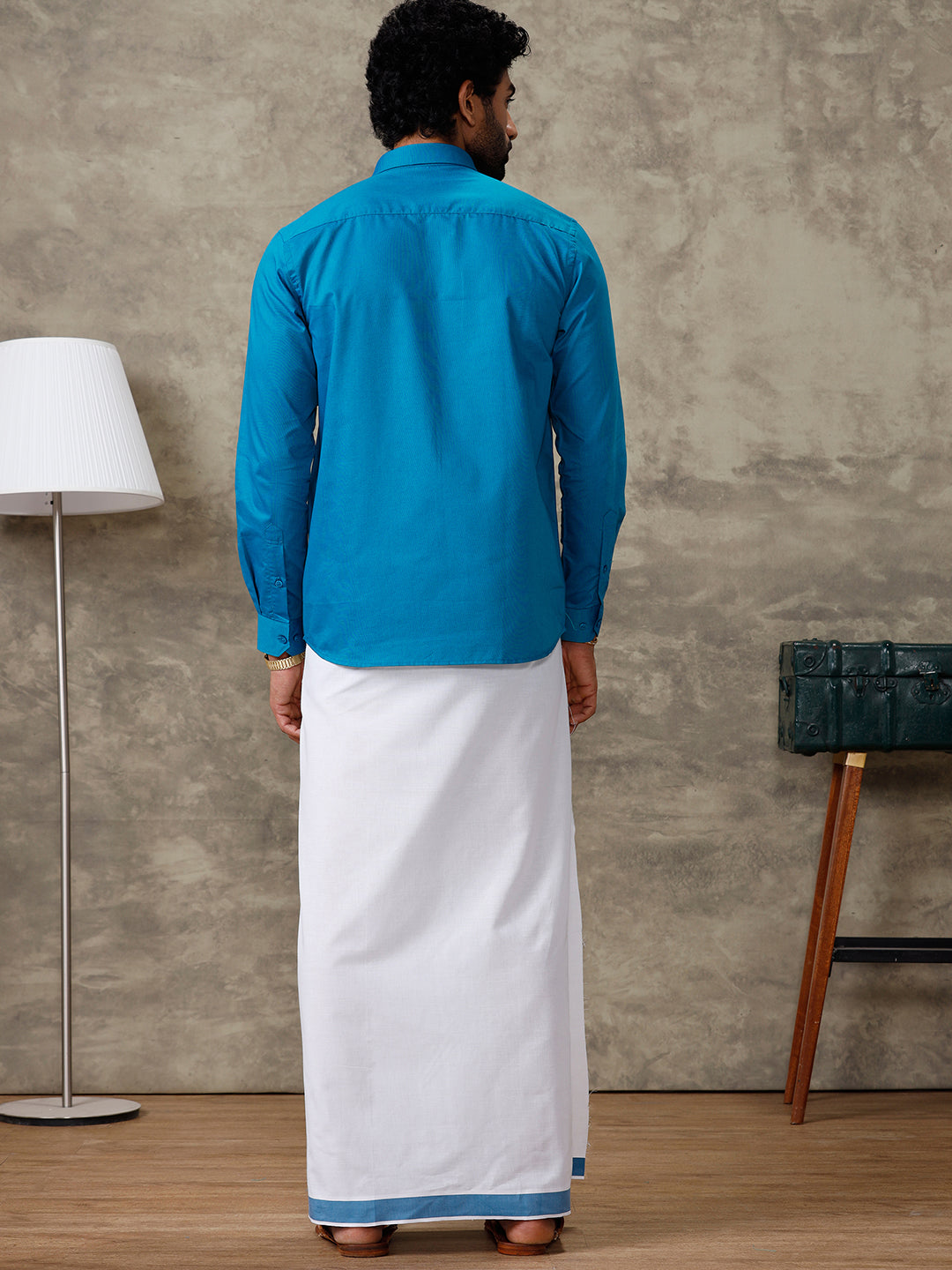 Men Bondi Blue Shirt With Matching Border Dhoti Set Evolution