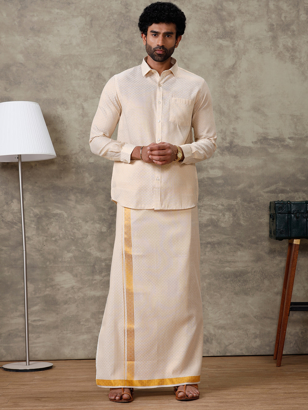 Ramraj Men Gold Tissue Jacquard Full Sleeves Shirt with Matching Dhoti ...
