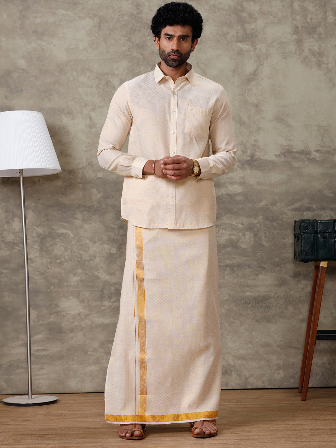 Men Gold Tissue Jacquard Full Sleeves Shirt with Matching Dhoti Set GD13