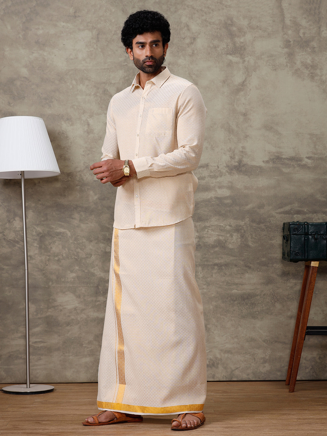 Couple Combo Gold Shirt & Dhoti Set with Saree KLS42