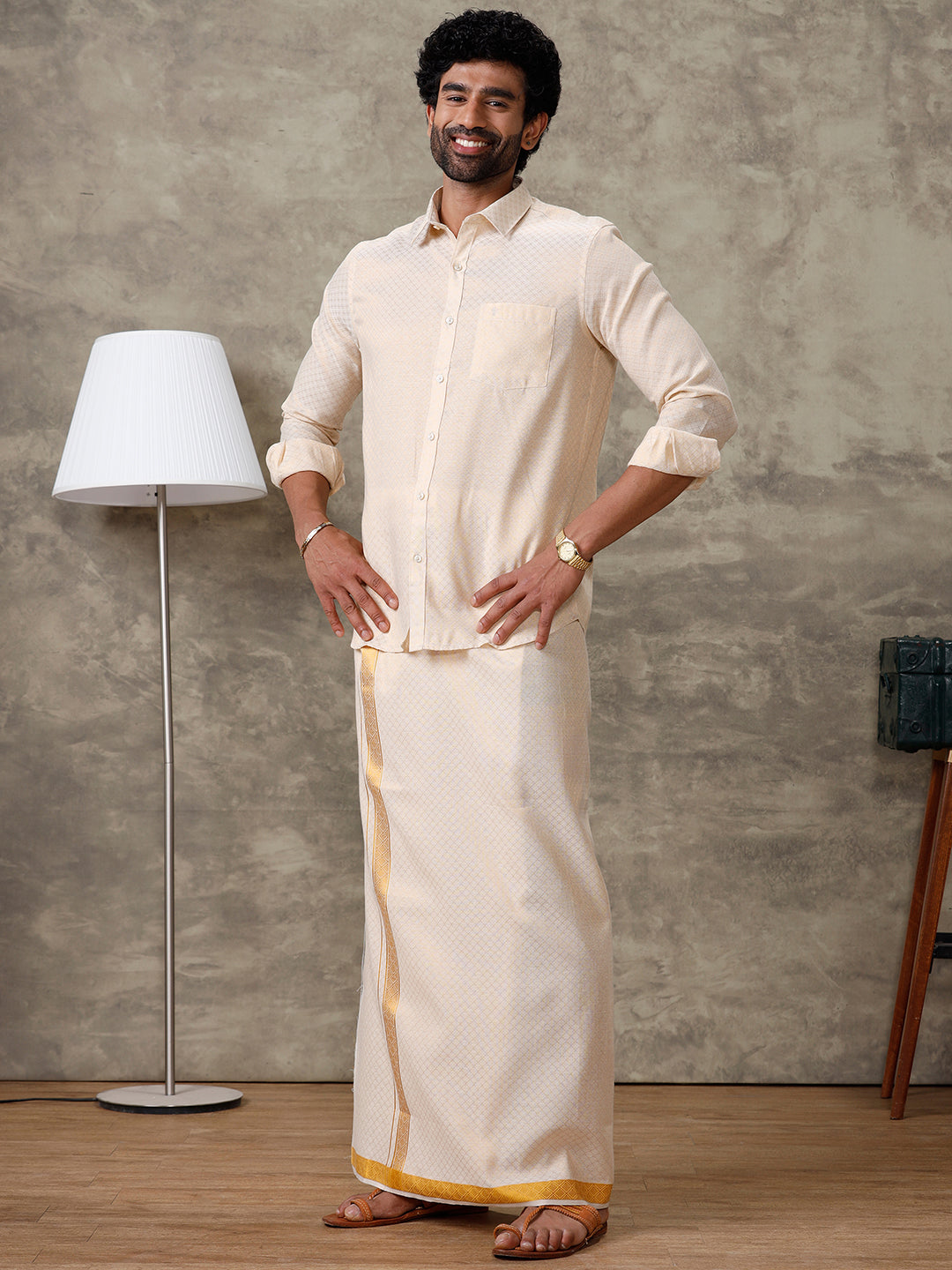 Men Gold Tissue Jacquard Full Sleeves Shirt with Matching Dhoti Set GD13