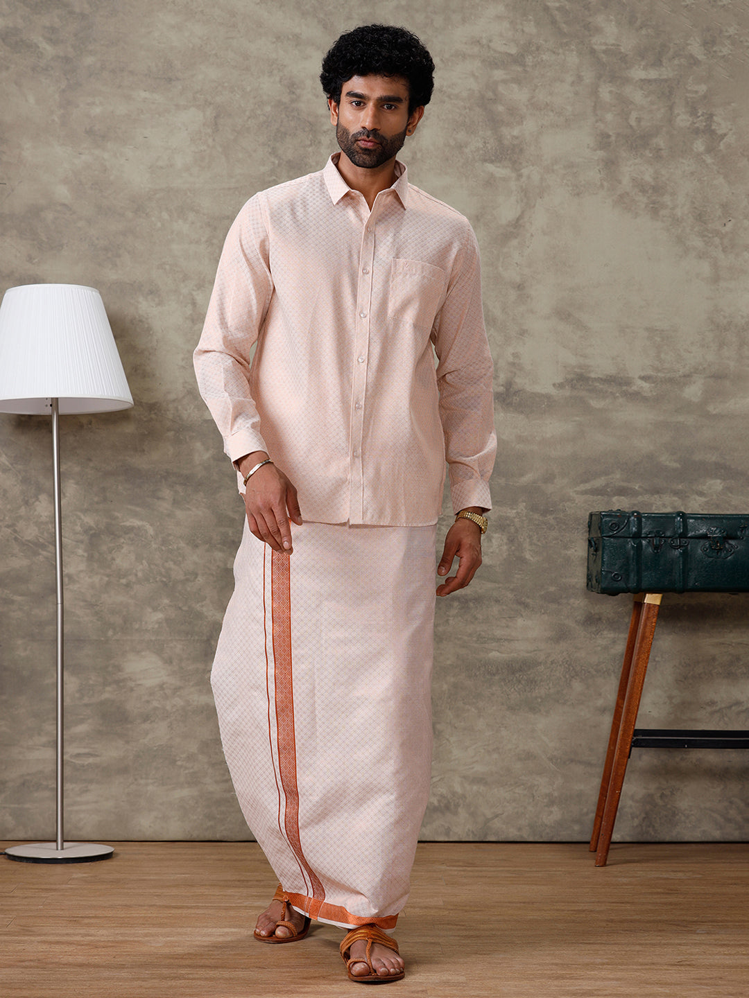 Couple Combo Shirt & Dhoti Set with Saree Copper CD13