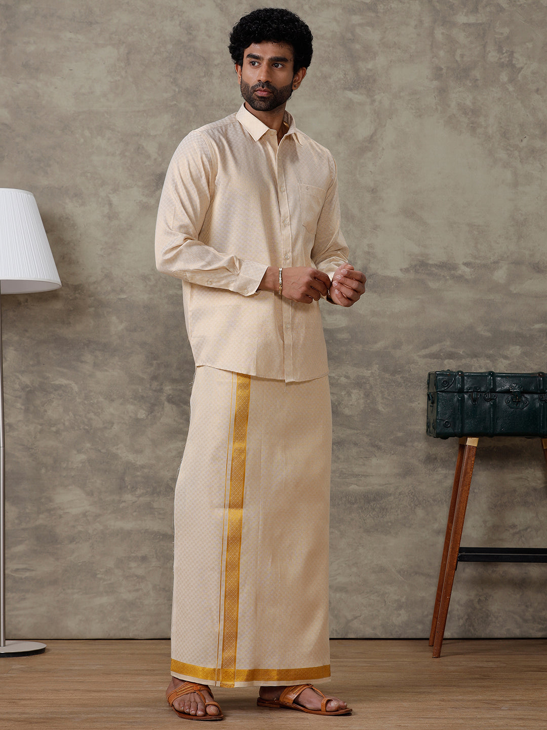 Men Gold Tissue Jacquard Full Sleeves Shirt with Matching Dhoti Set GD11