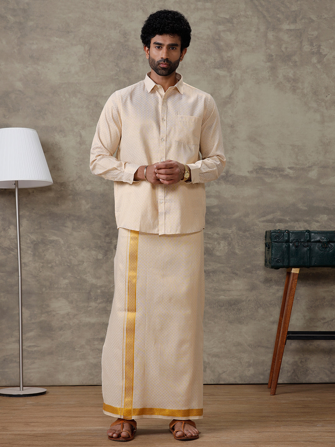 Couple Combo Shirt & Dhoti Set with Saree Gold ASS72