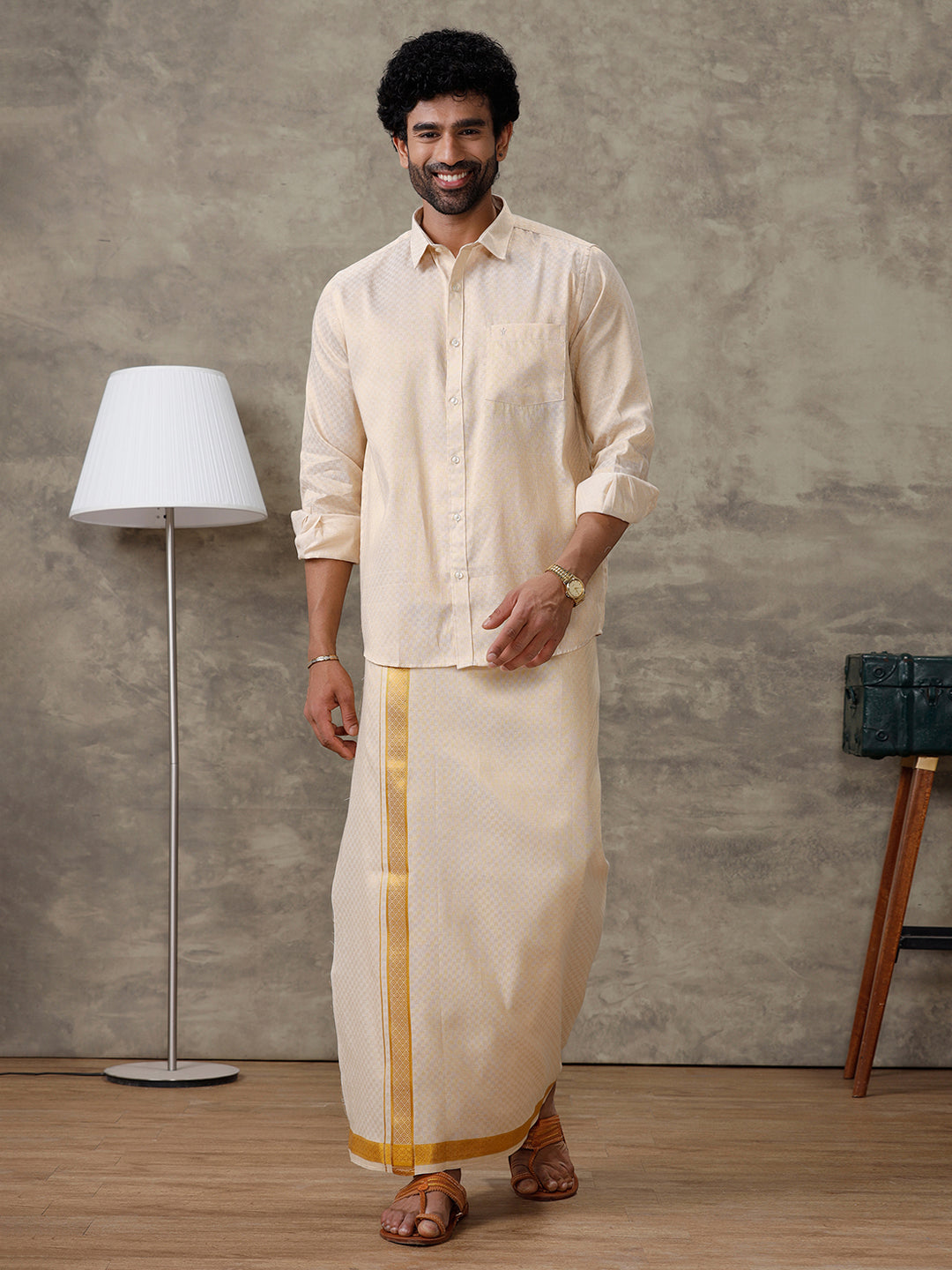 Men Gold Tissue Jacquard Full Sleeves Shirt with Matching Dhoti Set GD11