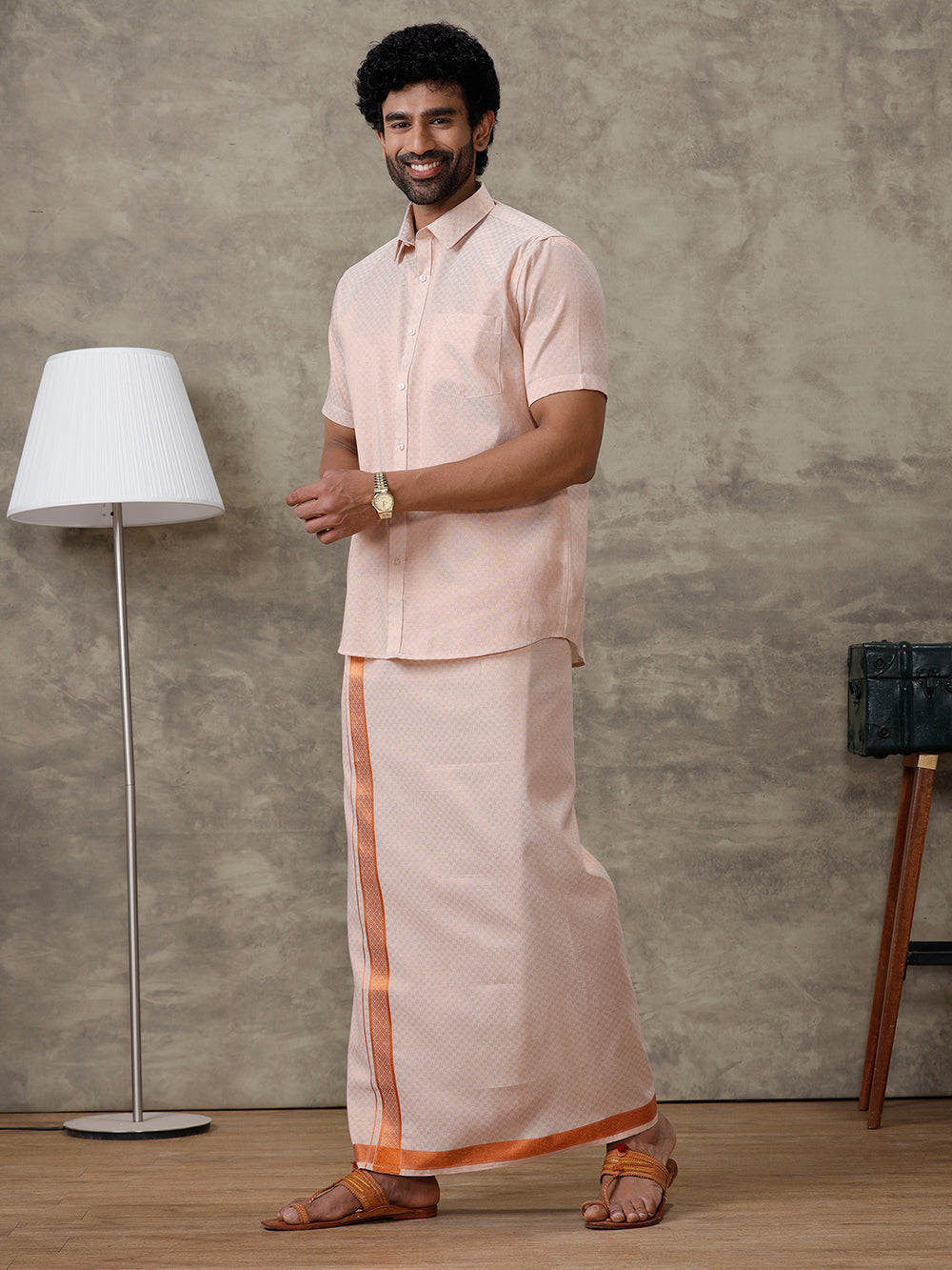 Ramraj Men Copper Tissue Jacquard Half Sleeves Shirt with Matching ...