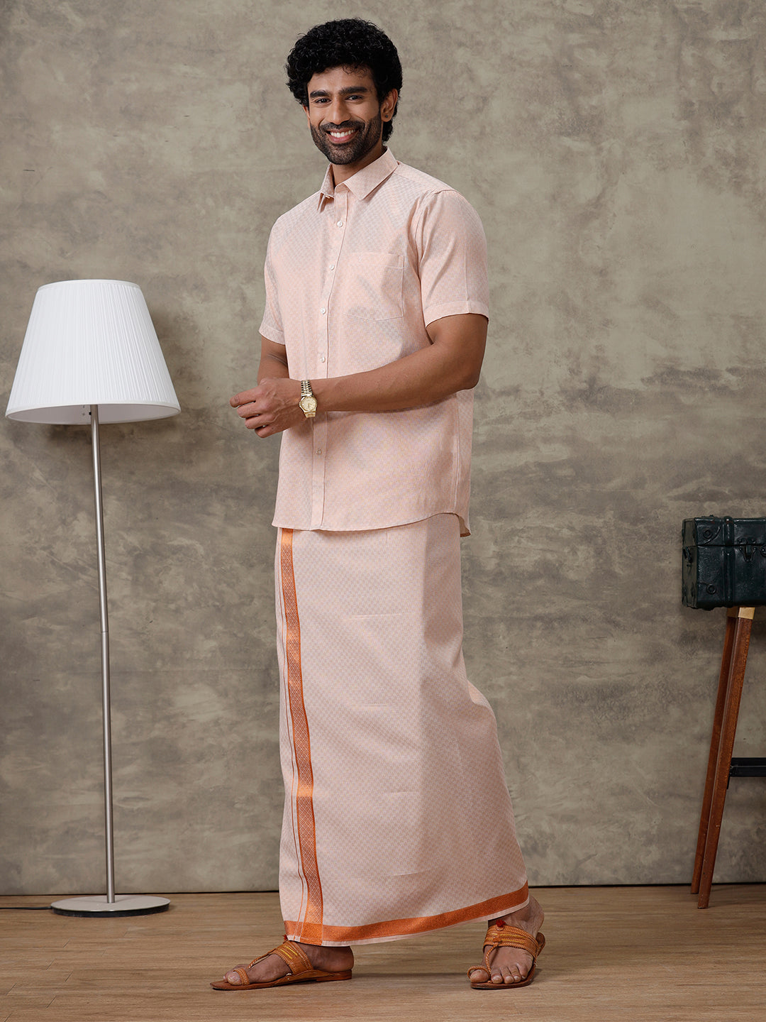 Men Copper Tissue Jacquard Half Sleeves Shirt with Matching Dhoti Set CD11