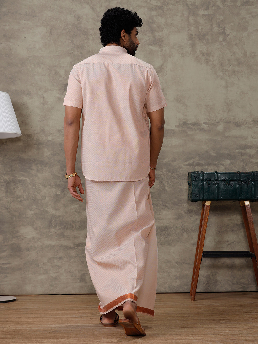 Men Copper Tissue Jacquard Half Sleeves Shirt with Matching Dhoti Set CD11