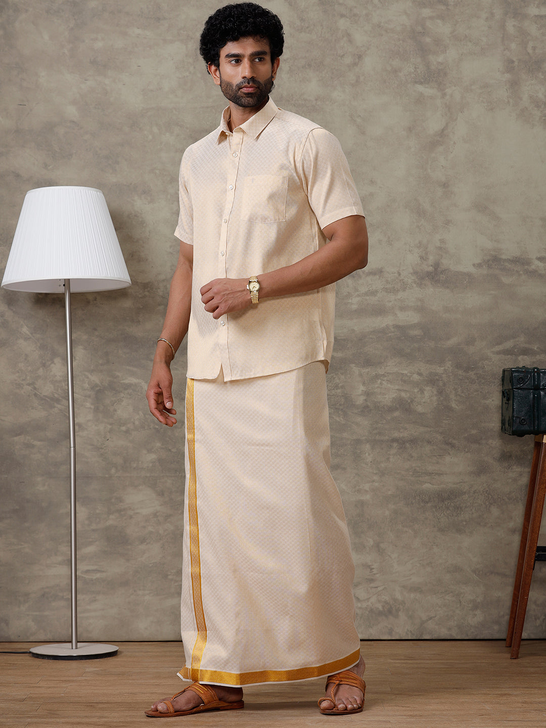 Men Gold Tissue Jacquard Half Sleeves Shirt with Matching Dhoti Set GD11