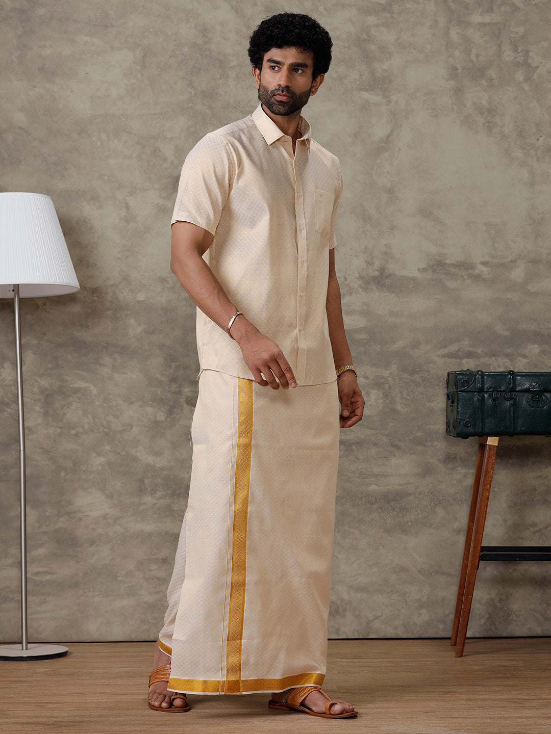 Men Gold Tissue Jacquard Half Sleeves Shirt with Matching Dhoti Set GD11