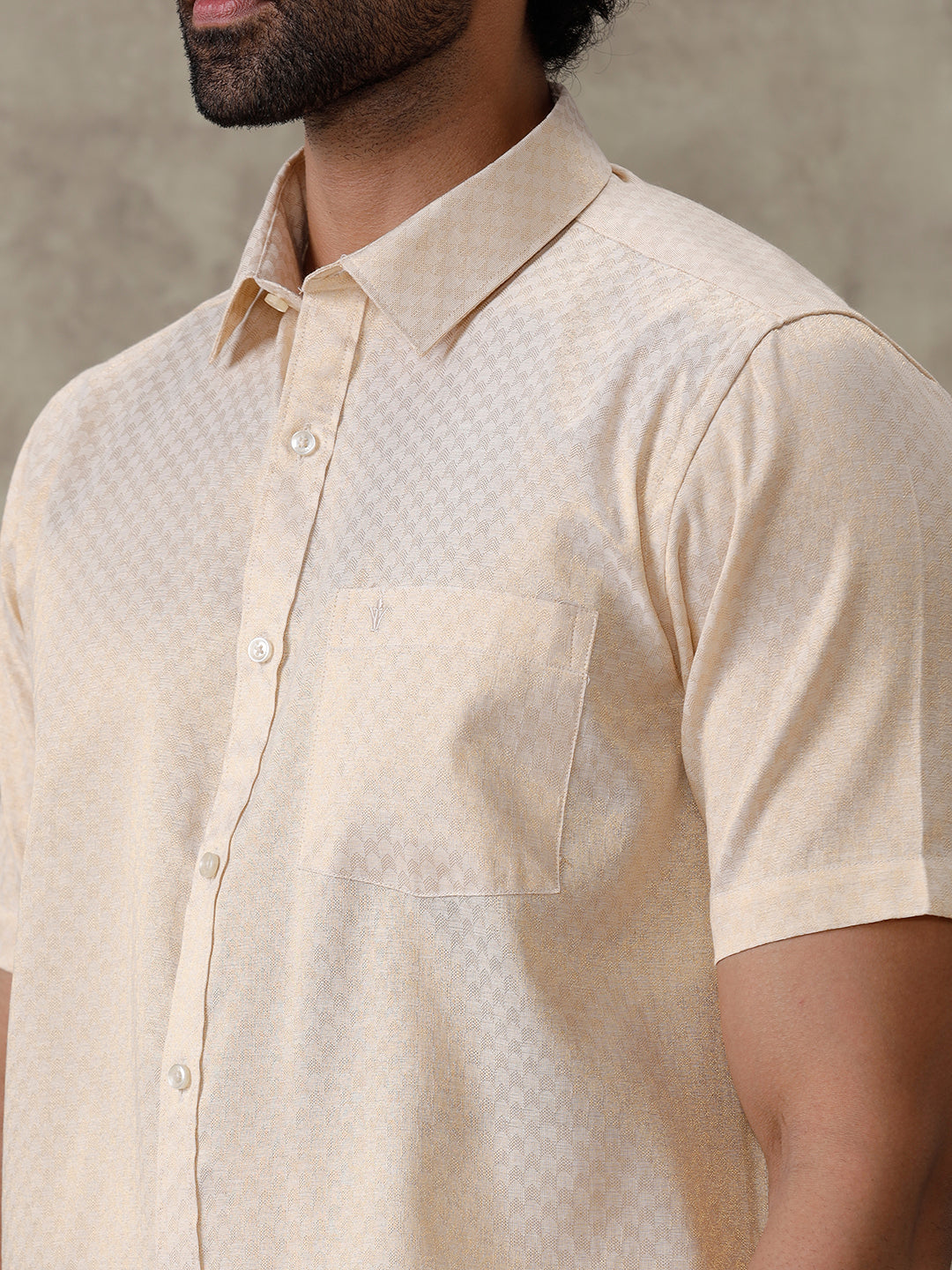 Men Gold Tissue Jacquard Half Sleeves Shirt with Matching Dhoti Set GD11