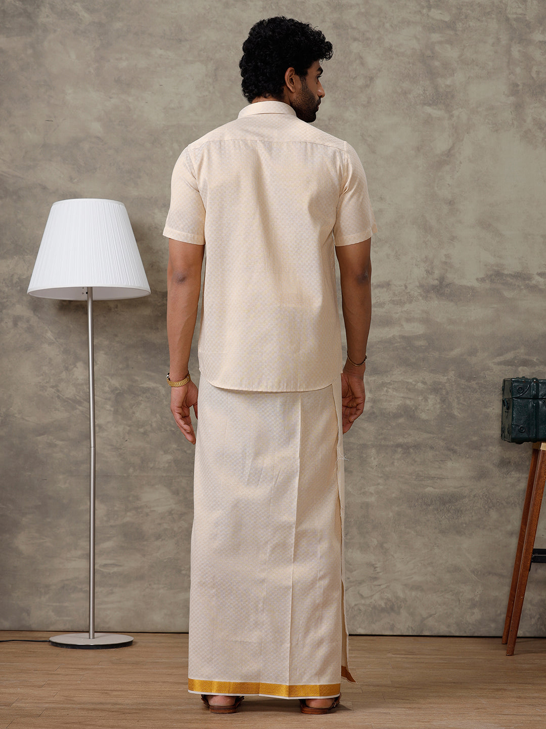 Men Gold Tissue Jacquard Half Sleeves Shirt with Matching Dhoti Set GD11