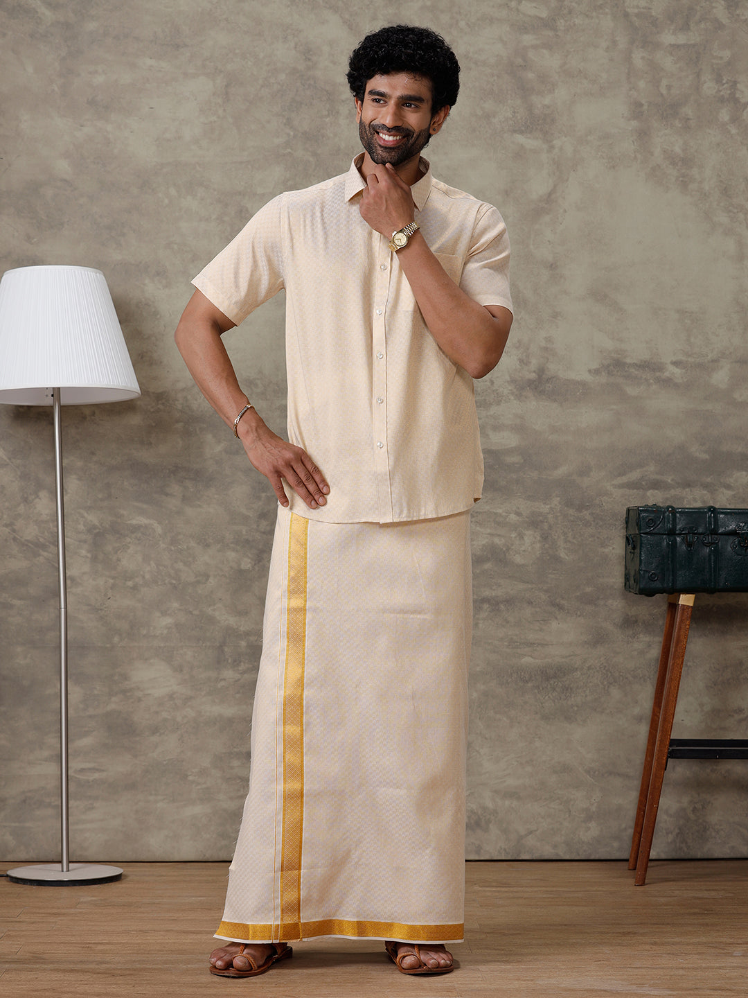 Men Gold Tissue Jacquard Half Sleeves Shirt with Matching Dhoti Set GD11